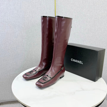 CC 26s Square Toe Low Heel Long Boots Black Burgundy Sheeepskin 972801