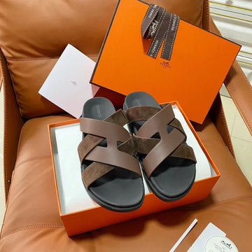 HM 2026 Cross Sandals Black Brown Suede Calfskin 667293