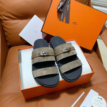 HM 2026 Velcro Sandals Black Taupe Suede Cowhide 663786