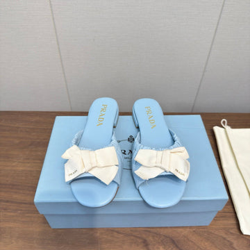 Prada Bow Slide Sandals White Blue Sheepskin 836555