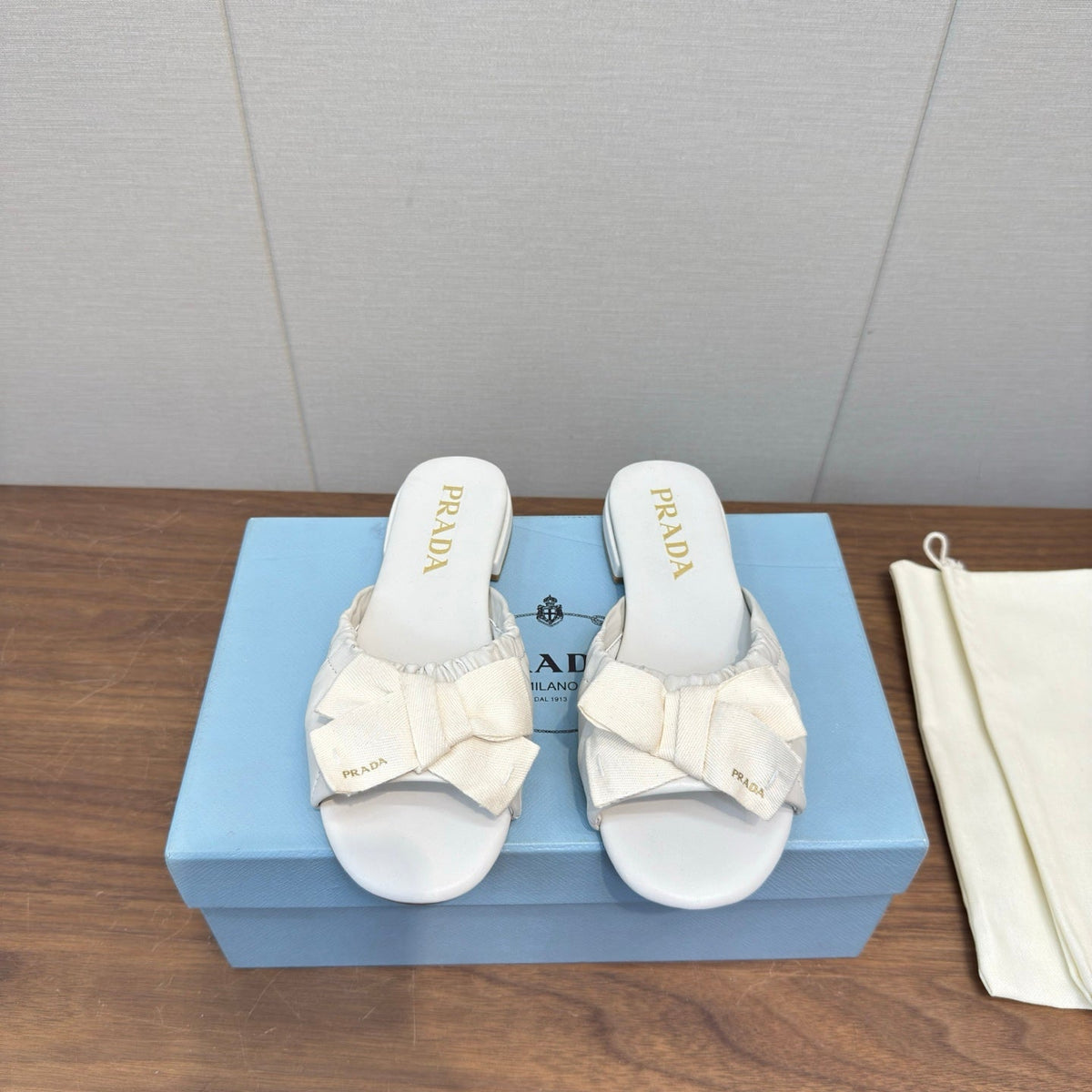 Prada Bow Slide Sandals White Sheepskin 836555