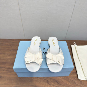 Prada Bow Slide Sandals White Sheepskin 836555