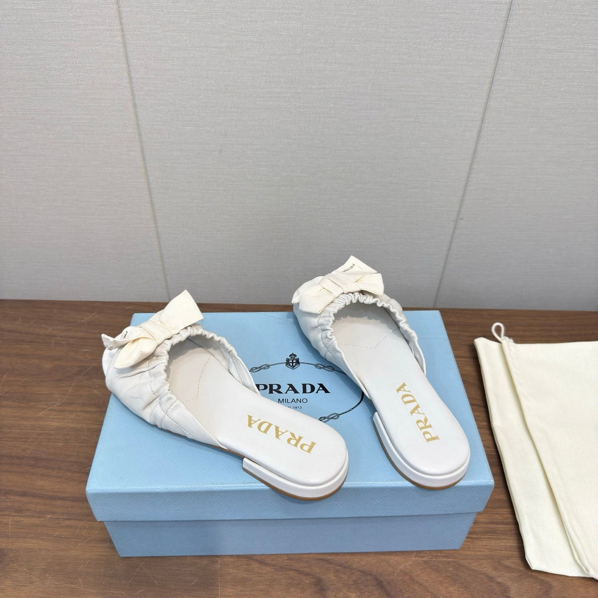 Prada Bow Slide Sandals White Sheepskin 836555