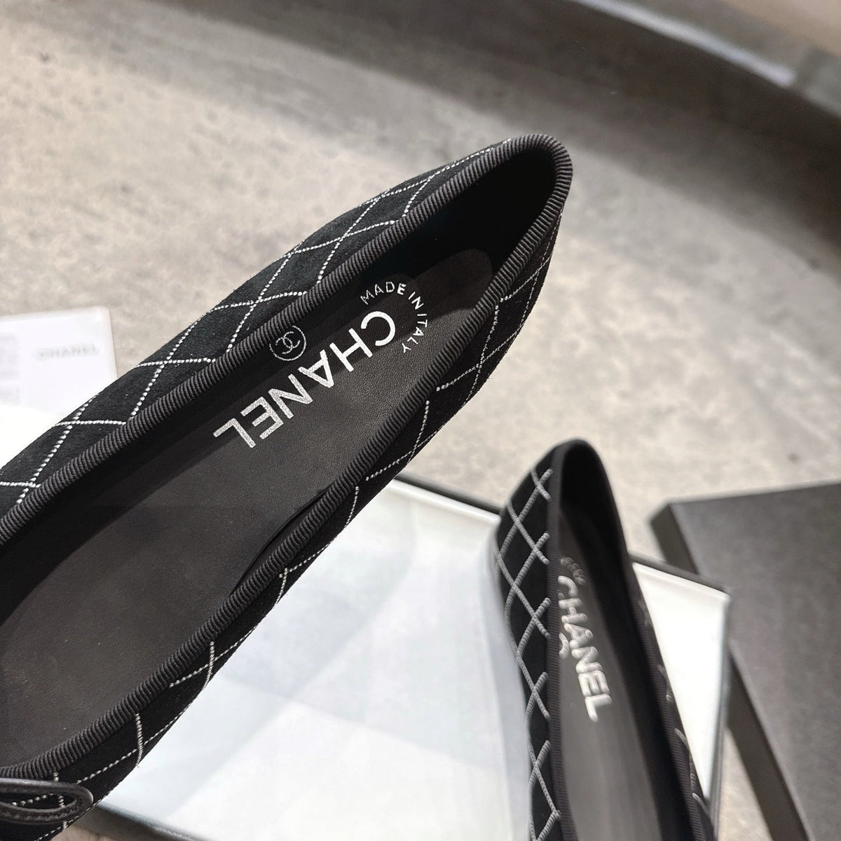 CC Ballet Flats Small Bow Black Quilted Canvas Suede 716399