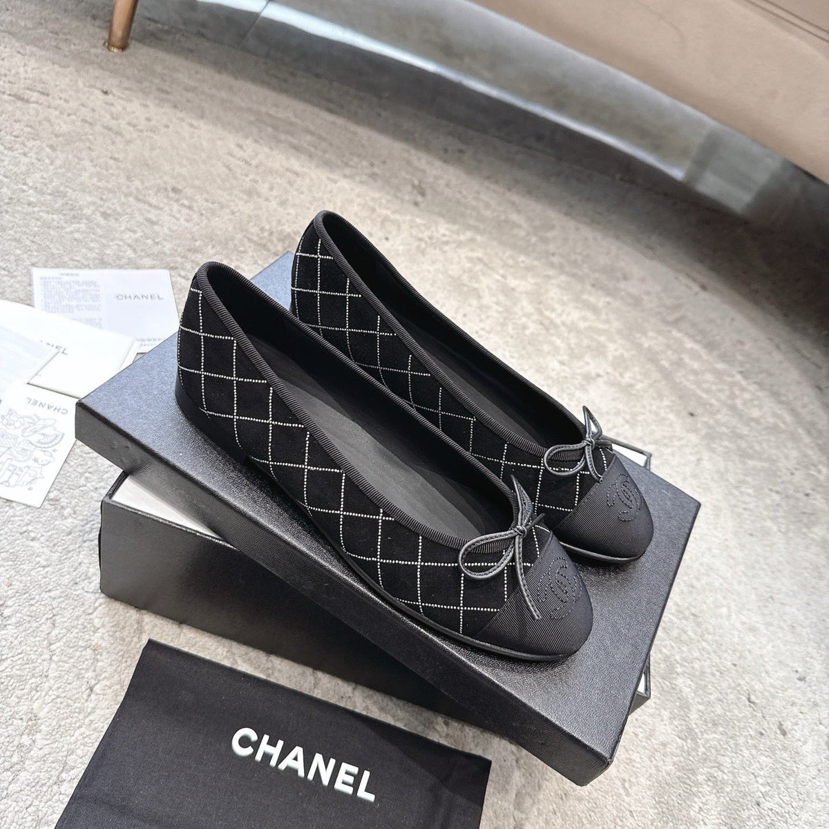 CC Ballet Flats Small Bow Black Quilted Canvas Suede 716399