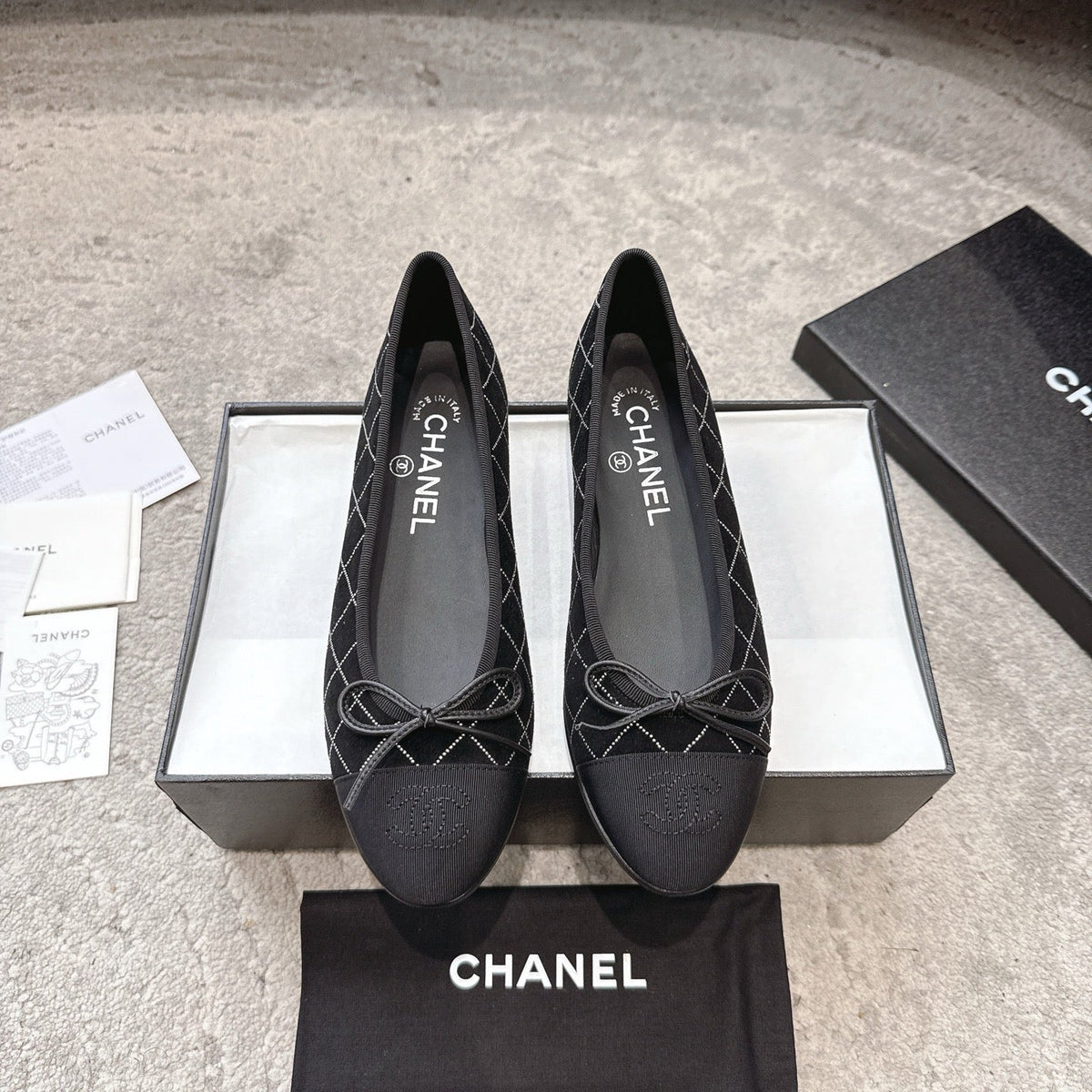 CC Ballet Flats Small Bow Black Quilted Canvas Suede 716399