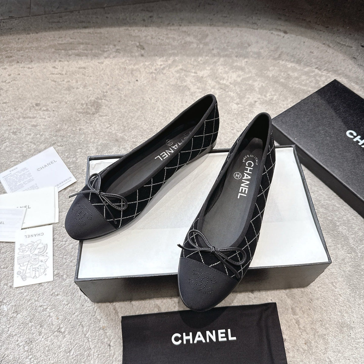 CC Ballet Flats Small Bow Black Quilted Canvas Suede 716399