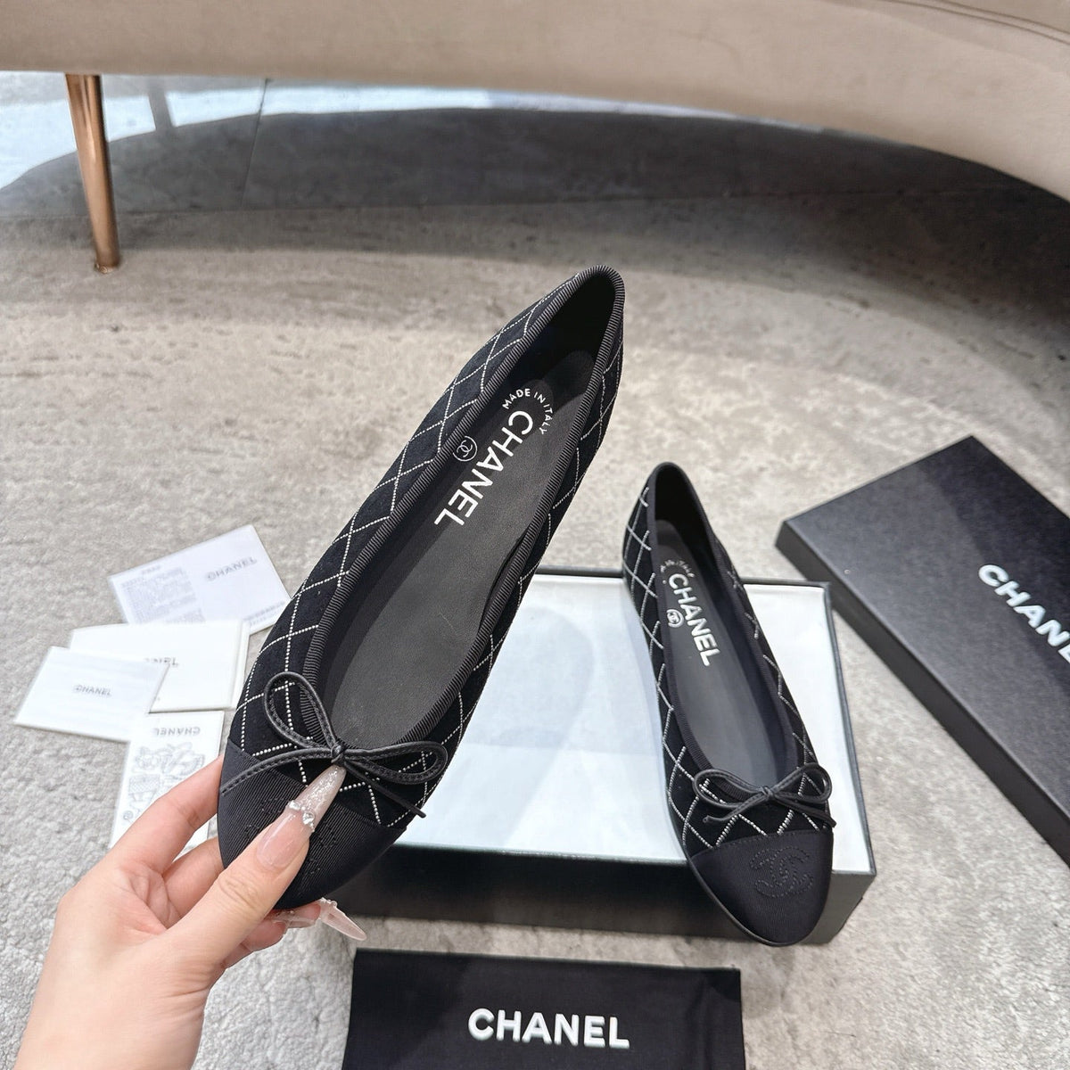 CC Ballet Flats Small Bow Black Quilted Canvas Suede 716399