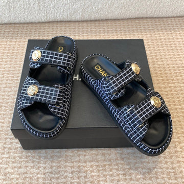 DAD SANDAL IN BLACK MIX WHITE DENIM FABRIC MULE