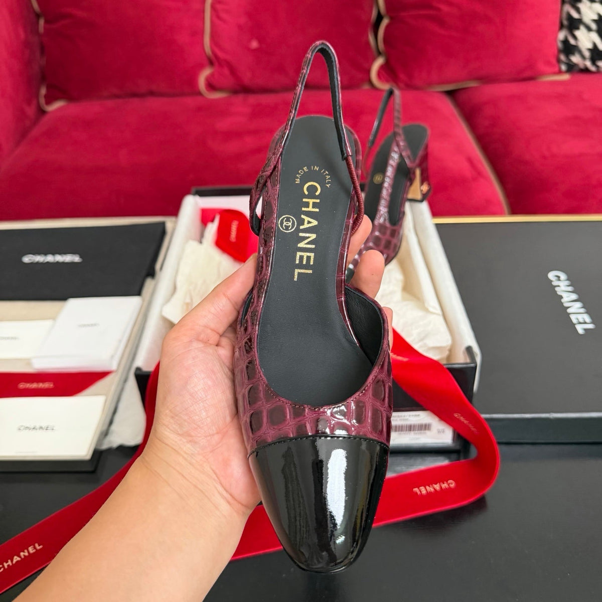CC 26s Slingback Burgundy Black Glossy Crocodile Embossed Leather 901102