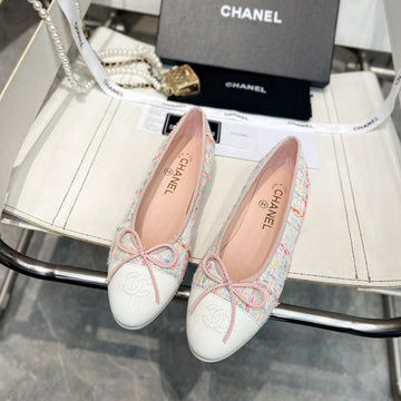 CC Bow Ballet Flats White Colorful Tweed Lambskin 818100