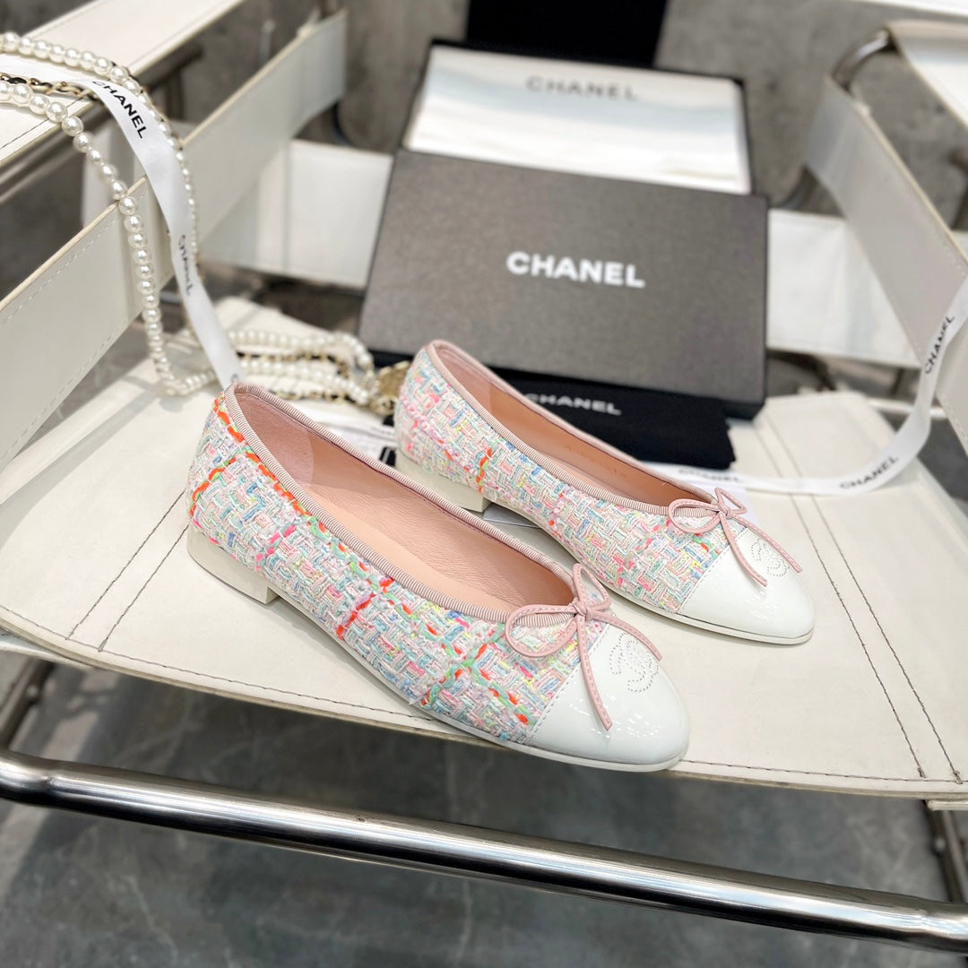 CC Bow Ballet Flats White Colorful Tweed Lambskin 818100