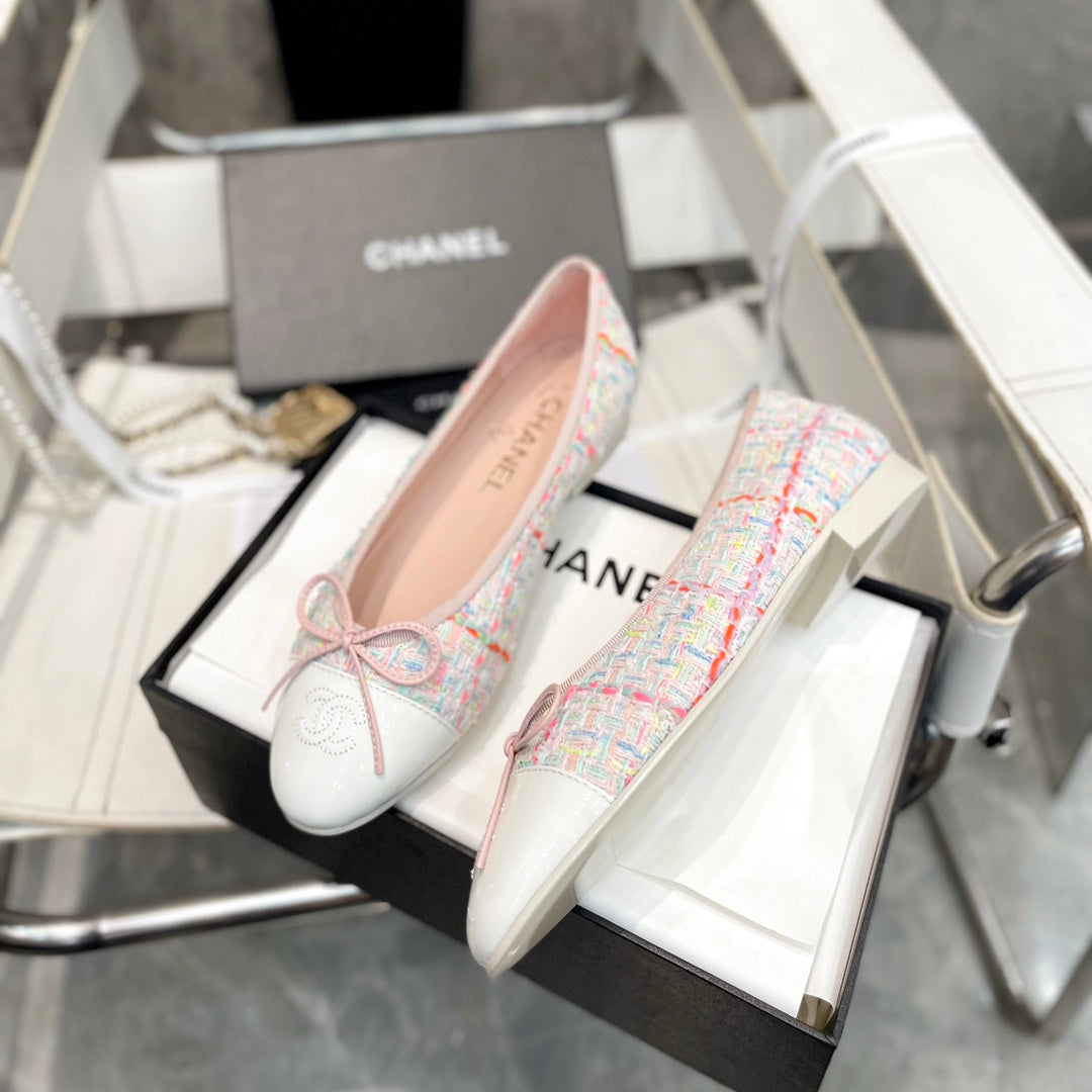 CC Bow Ballet Flats White Colorful Tweed Lambskin 818100