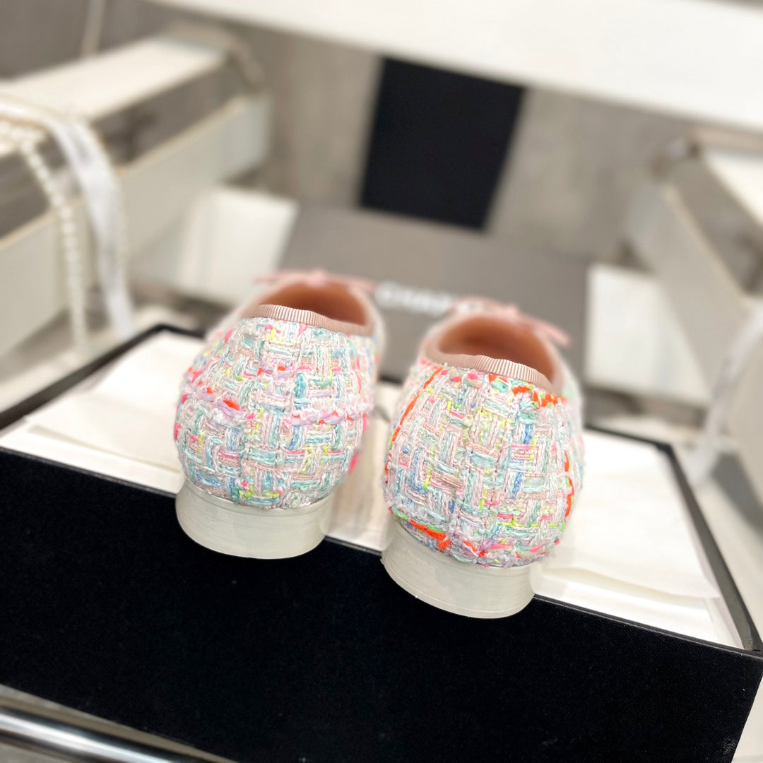 CC Bow Ballet Flats White Colorful Tweed Lambskin 818100