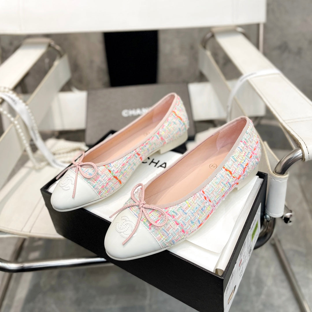 CC Bow Ballet Flats White Colorful Tweed Lambskin 818100