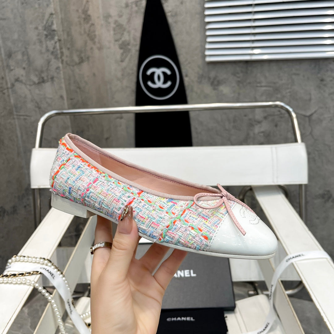 CC Bow Ballet Flats White Colorful Tweed Lambskin 818100