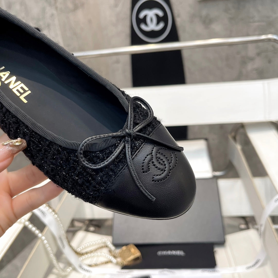CC Bow Ballet Flats Black Tweed Lambskin 818101
