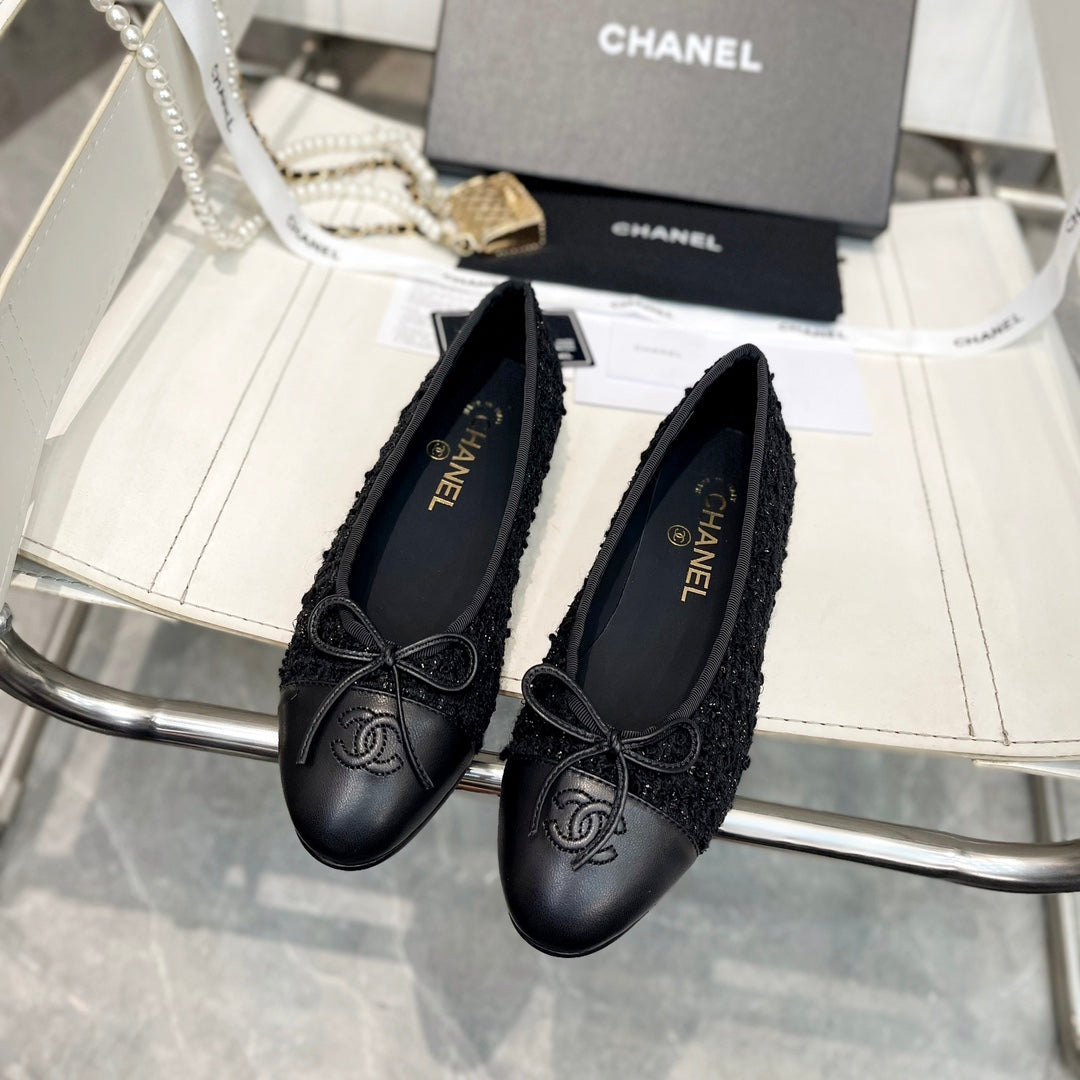 CC Bow Ballet Flats Black Tweed Lambskin 818101