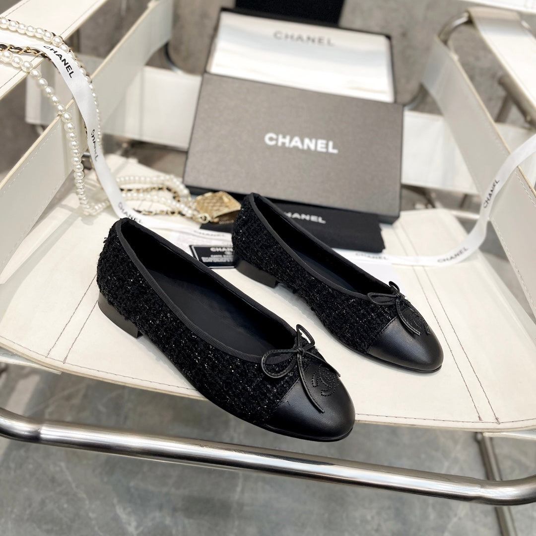 CC Bow Ballet Flats Black Tweed Lambskin 818101