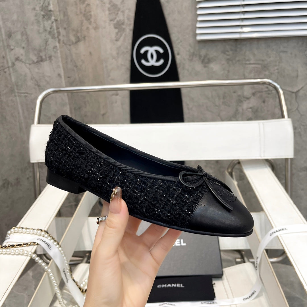 CC Bow Ballet Flats Black Tweed Lambskin 818101
