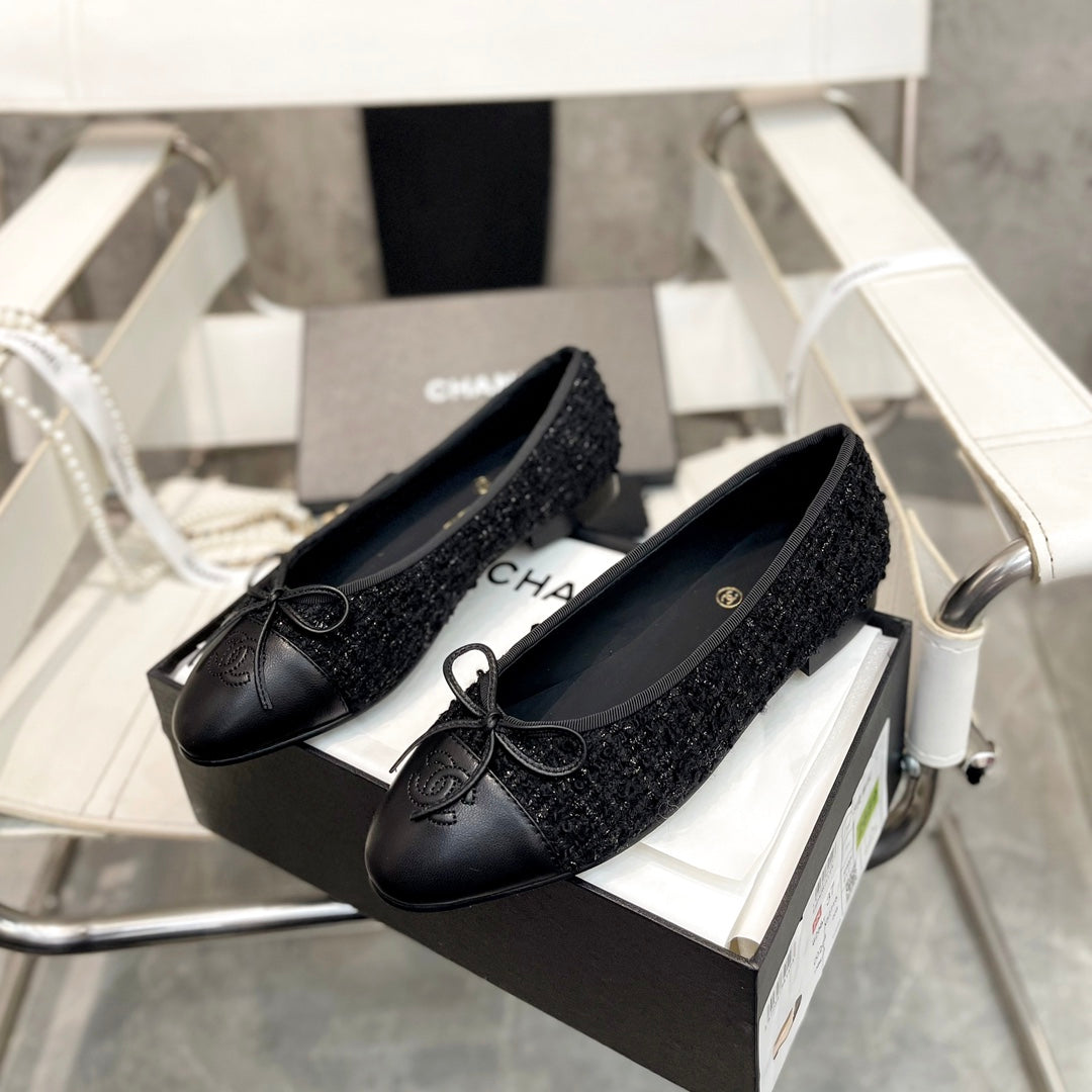 CC Bow Ballet Flats Black Tweed Lambskin 818101