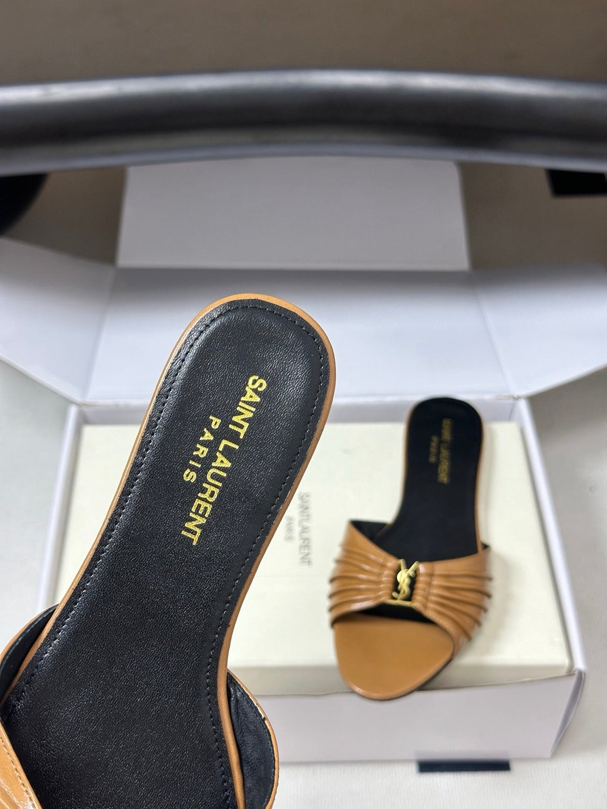 YSL Babylone Slides Light Brown Glossy Leather 835187