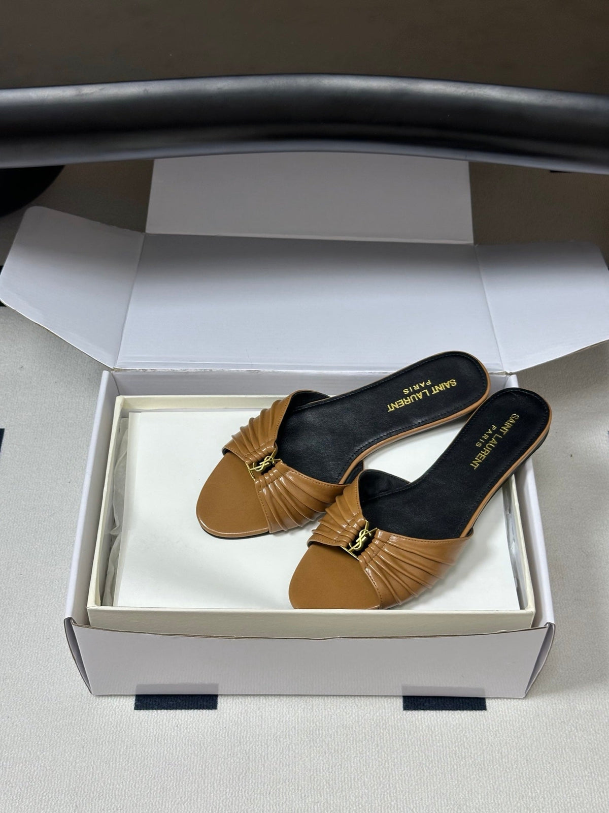 YSL Babylone Slides Light Brown Glossy Leather 835187