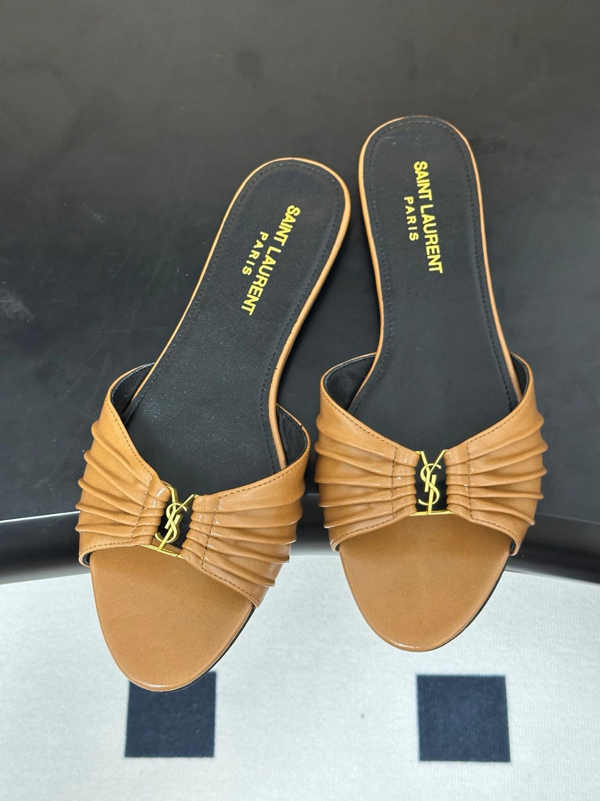 YSL Babylone Slides Light Brown Glossy Leather 835187