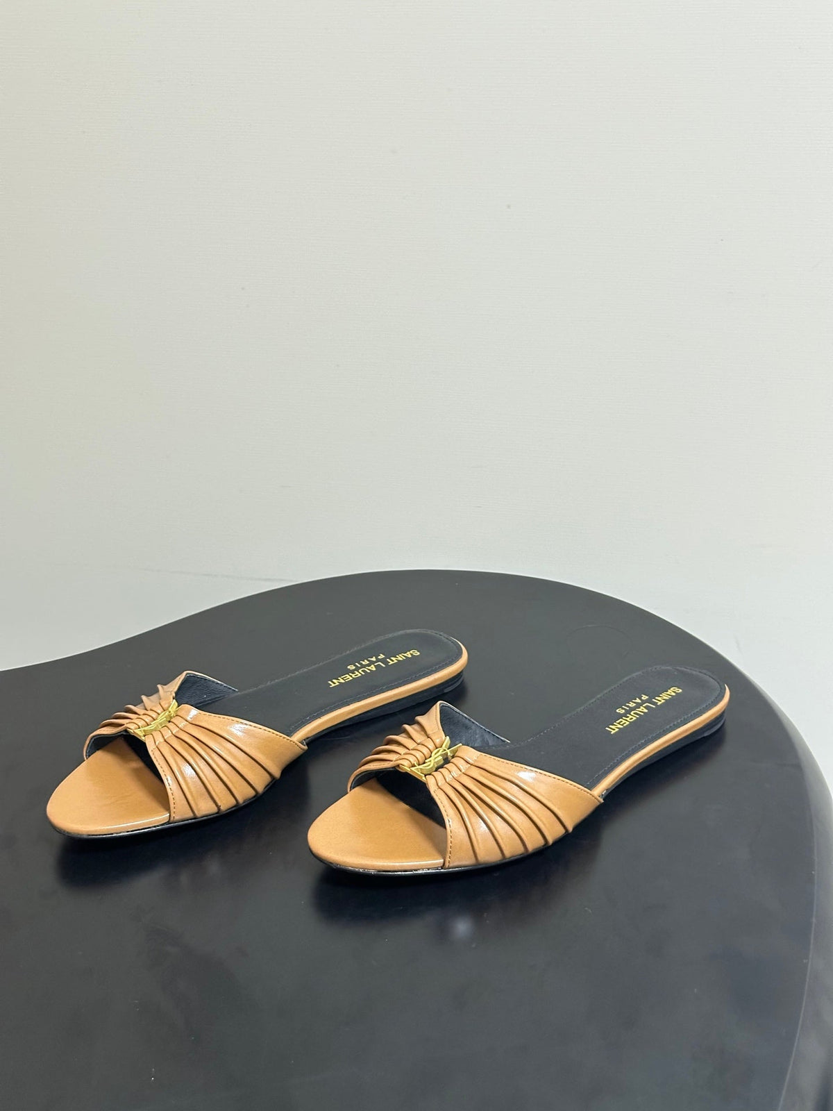 YSL Babylone Slides Light Brown Glossy Leather 835187