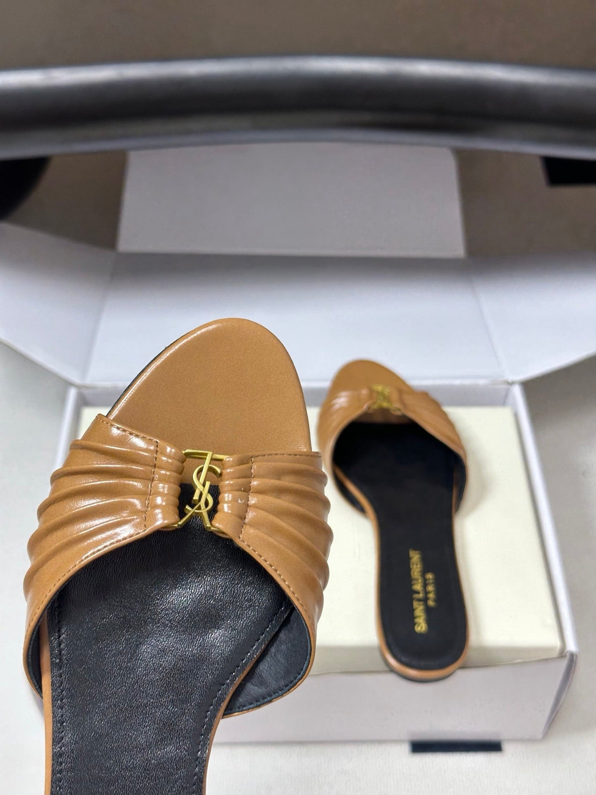 YSL Babylone Slides Light Brown Glossy Leather 835187