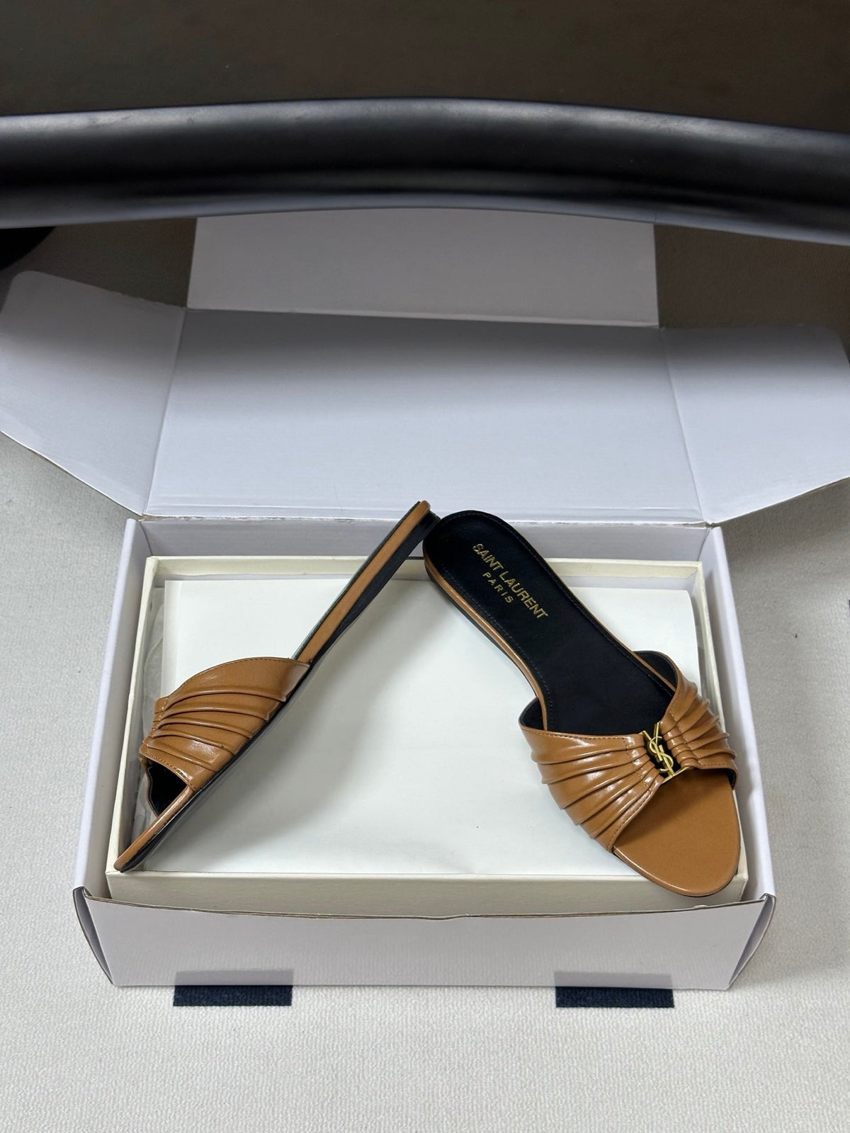 YSL Babylone Slides Light Brown Glossy Leather 835187