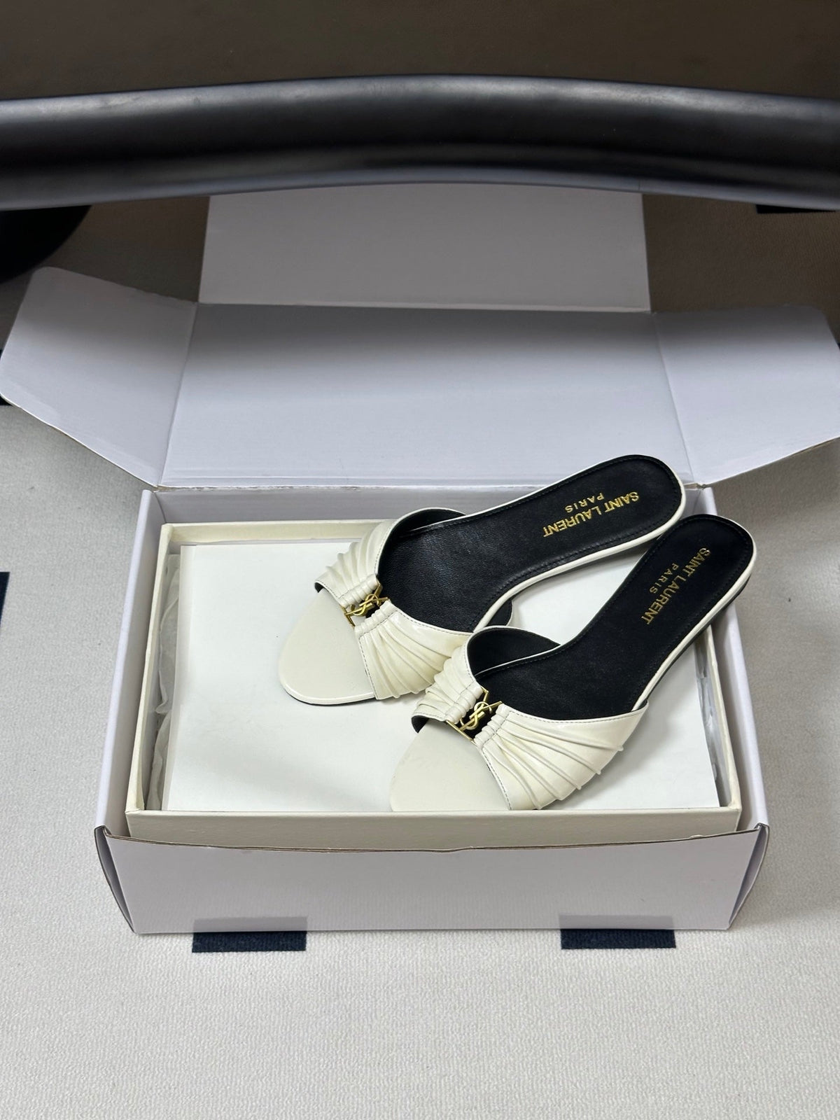YSL Babylone Slides White Glossy Leather 835188