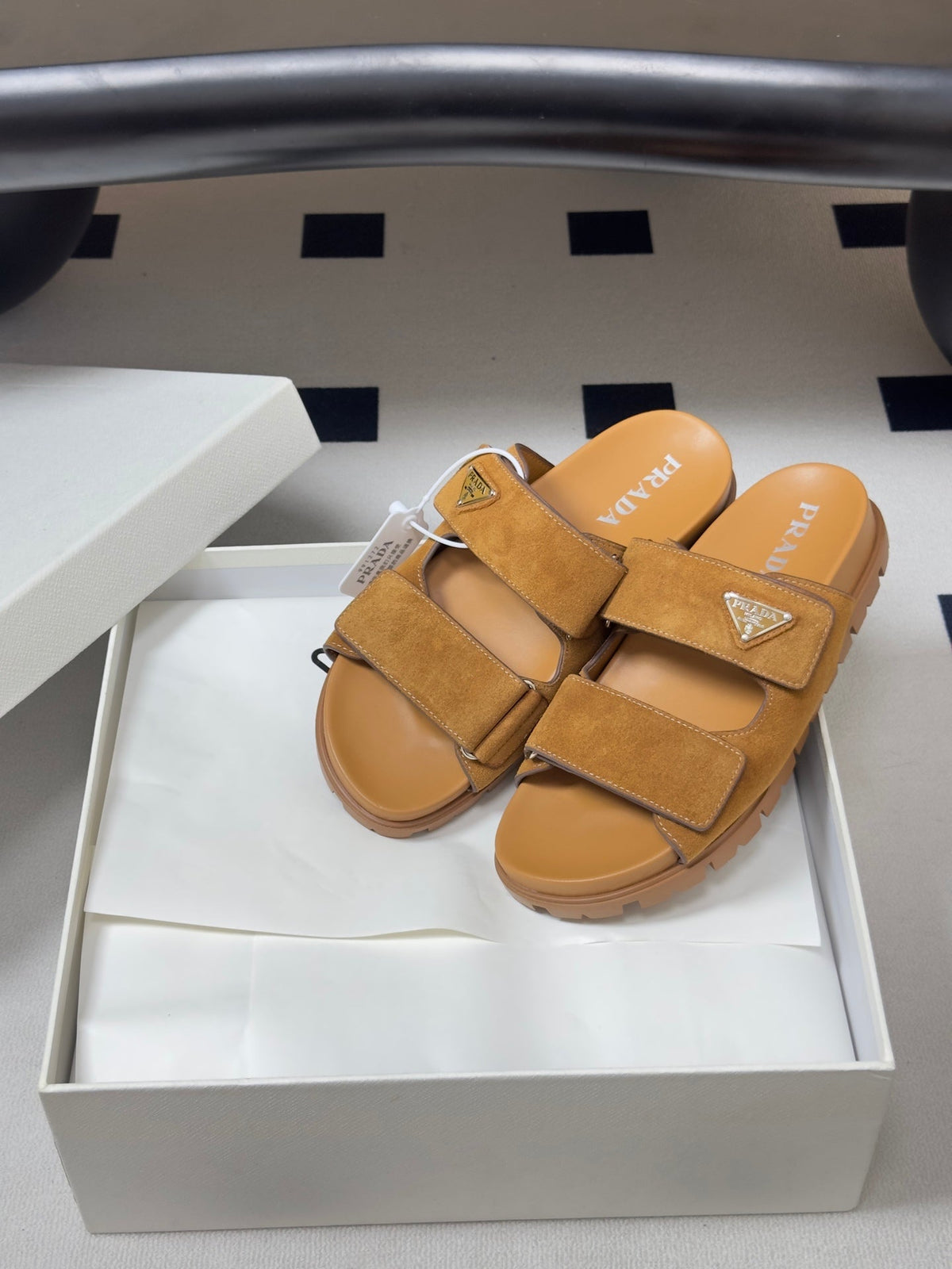 Prada 26s Band Sandals Tan Brown Suede 834766