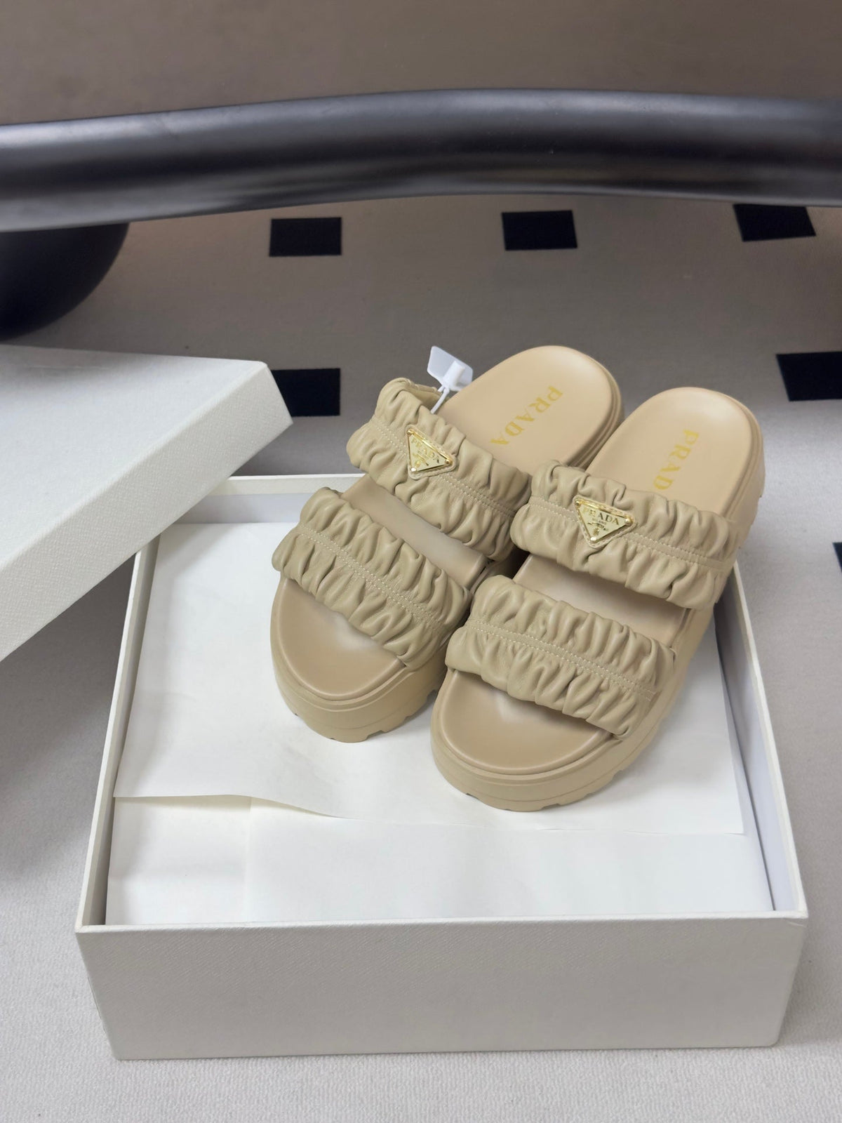 Prada 26s Flatform Slides Beige Matelassé Leather 834768