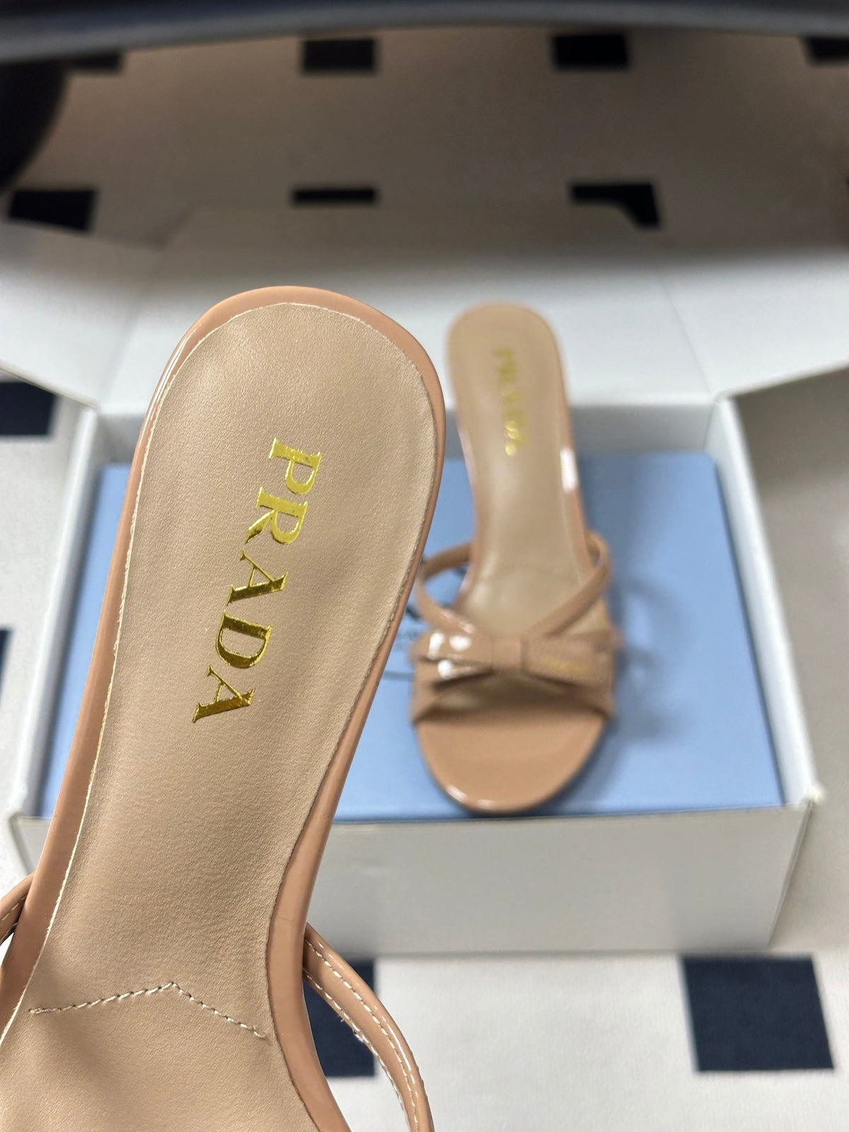 Prada Open-Toe Sandal 7.5cm Beige Patent Leather 834808