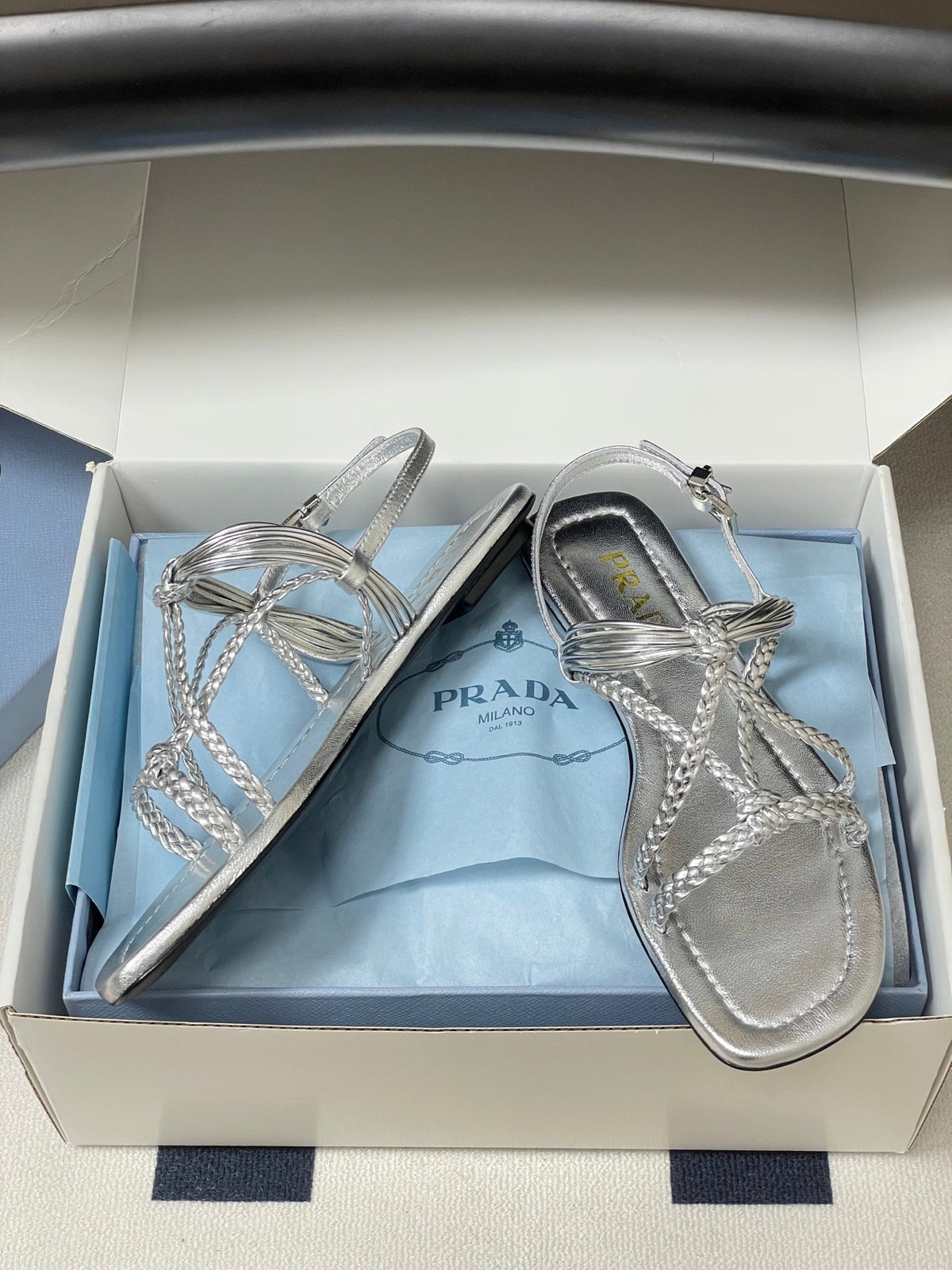 Prada Strappy Flat Sandals Sliver Sheepskin 834810