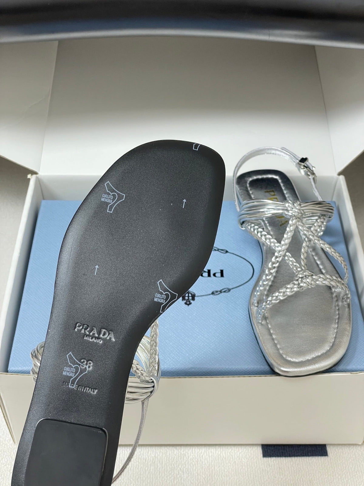 Prada Strappy Flat Sandals Sliver Sheepskin 834810