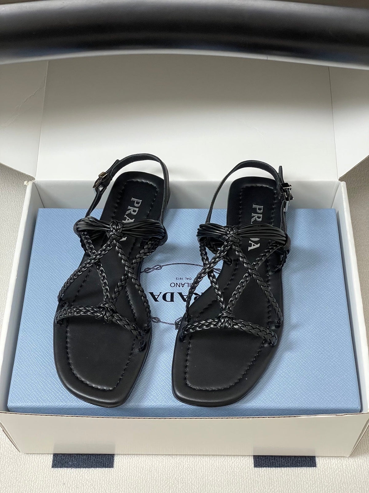 Prada Strappy Flat Sandals Black Sheepskin 834811