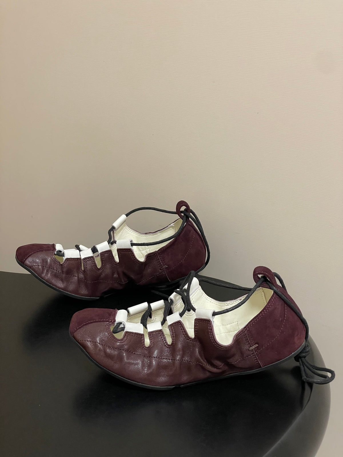 Alaia Fold Laced Ballet Flats Burgundy Cowhide 835281