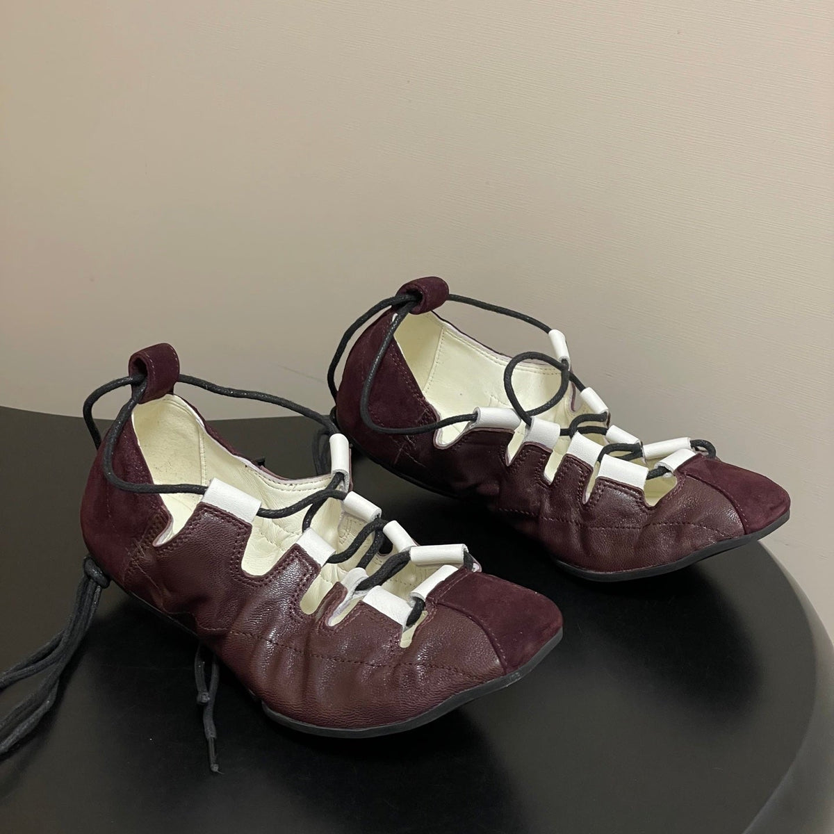 Alaia Fold Laced Ballet Flats Burgundy Cowhide 835281