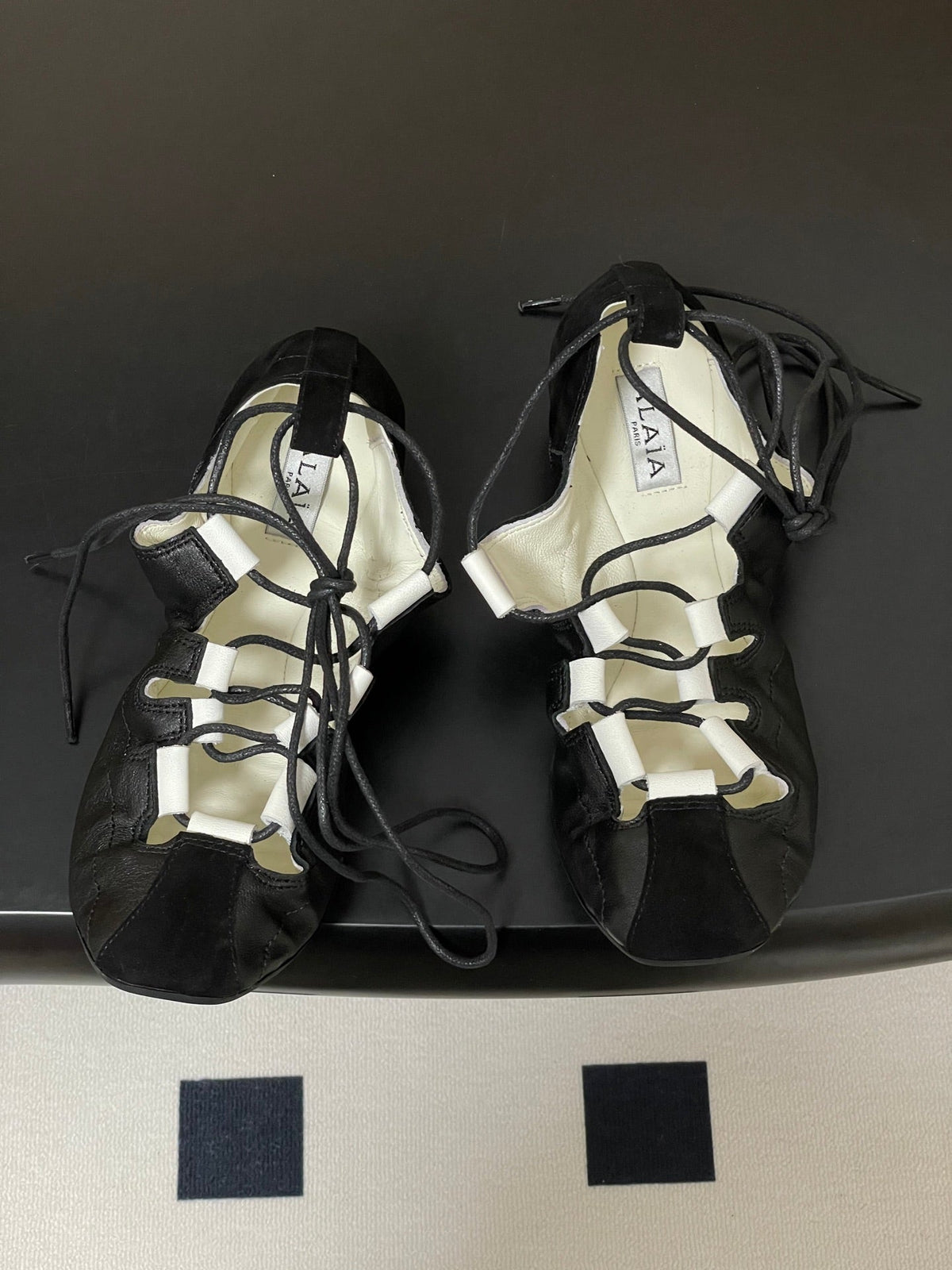 Alaia Fold Laced Ballet Flats Black Cowhide 835283
