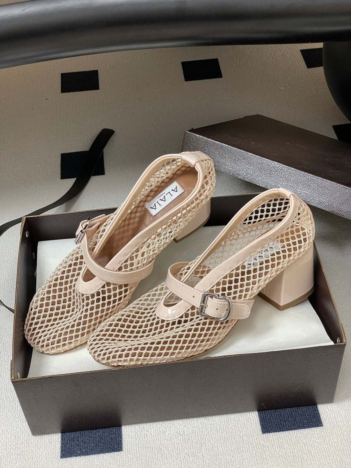 Alaia Babies Pumps 5cm Beige Mesh Leather 835269