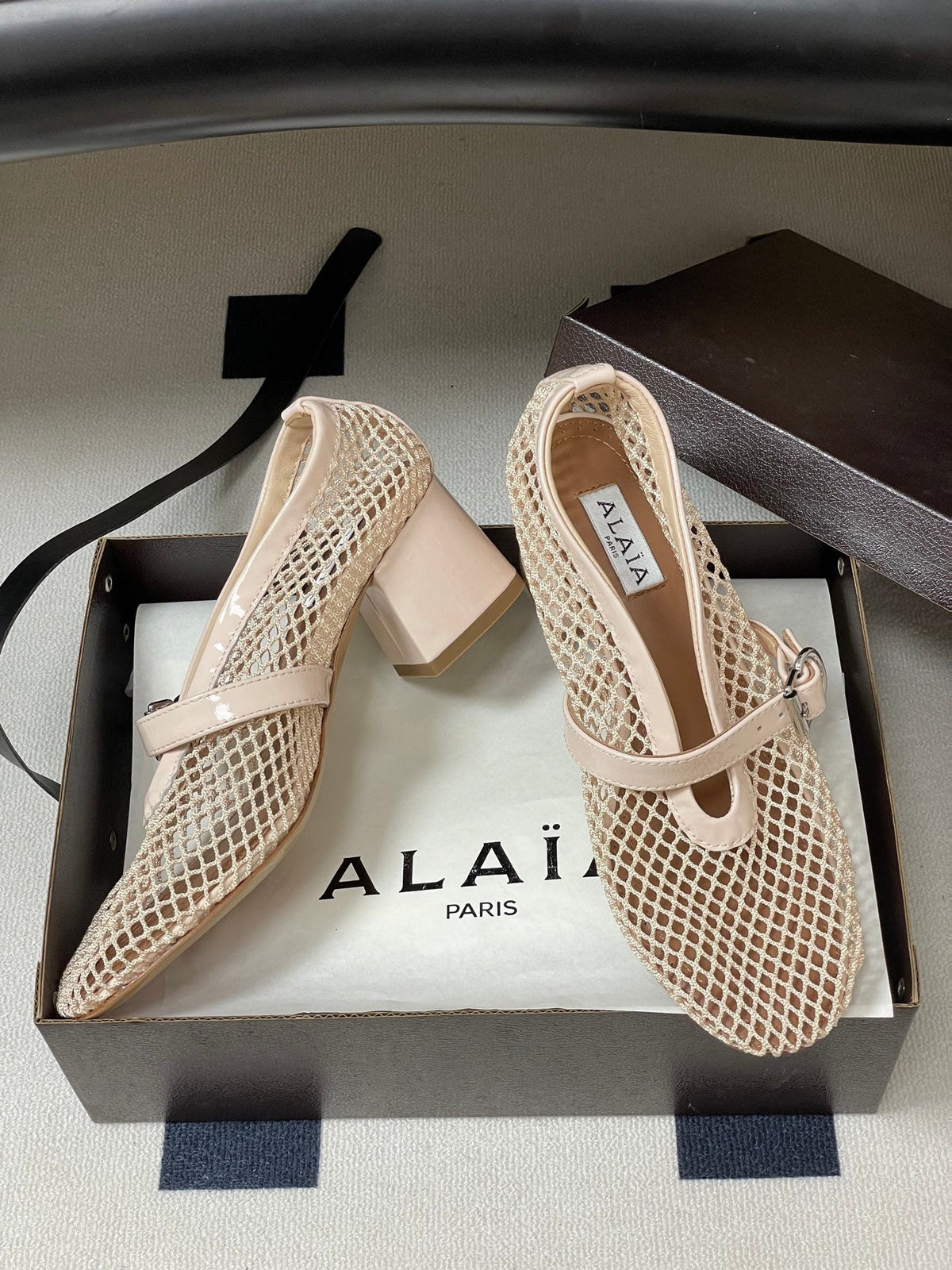 Alaia Babies Pumps 5cm Beige Mesh Leather 835269