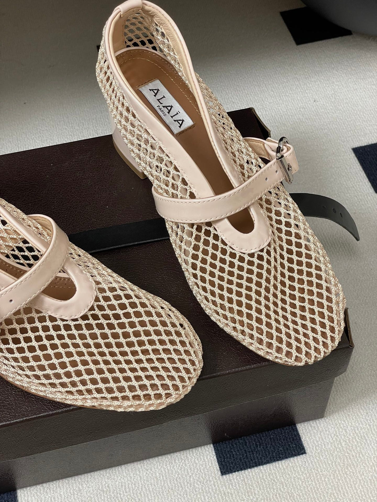 Alaia Babies Pumps 5cm Beige Mesh Leather 835269