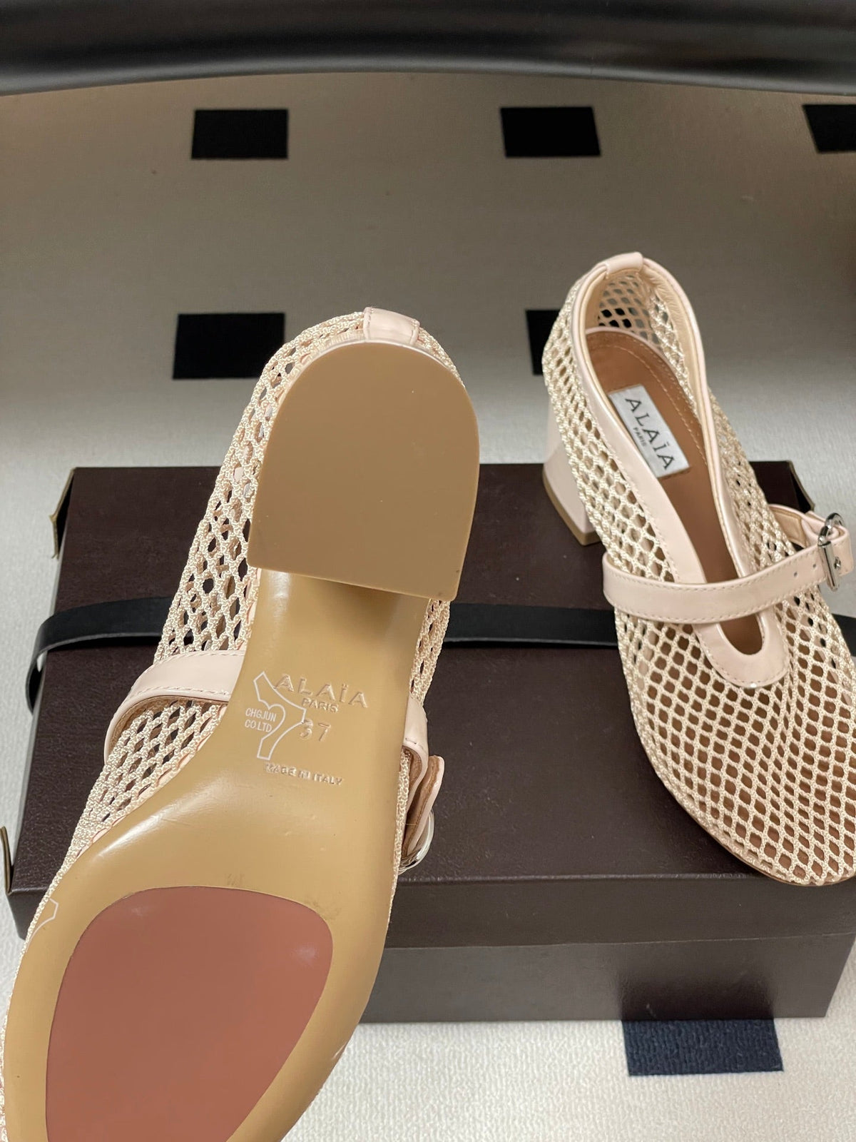 Alaia Babies Pumps 5cm Beige Mesh Leather 835269