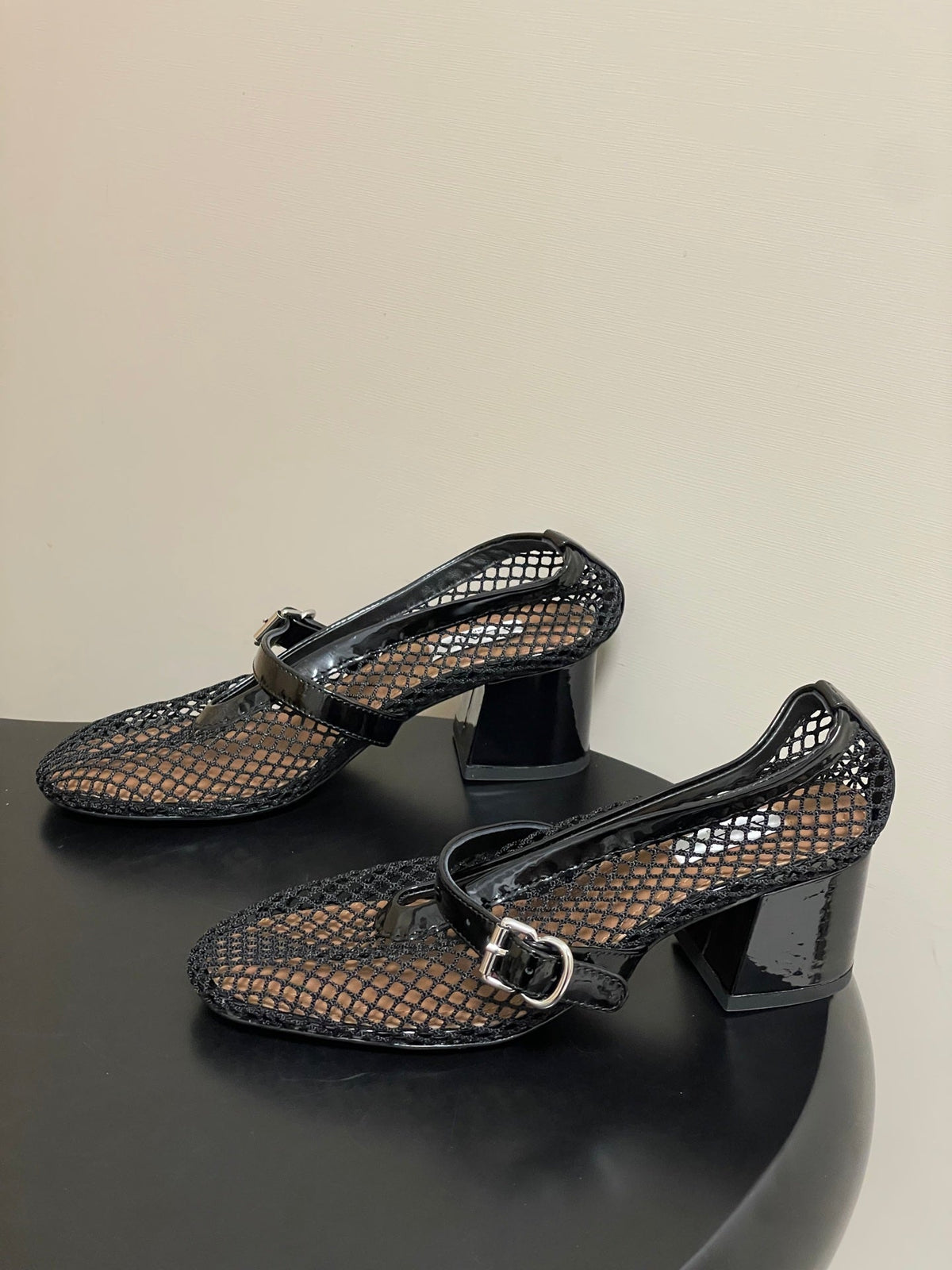 Alaia Babies Pumps 5cm Black Mesh Leather 835271