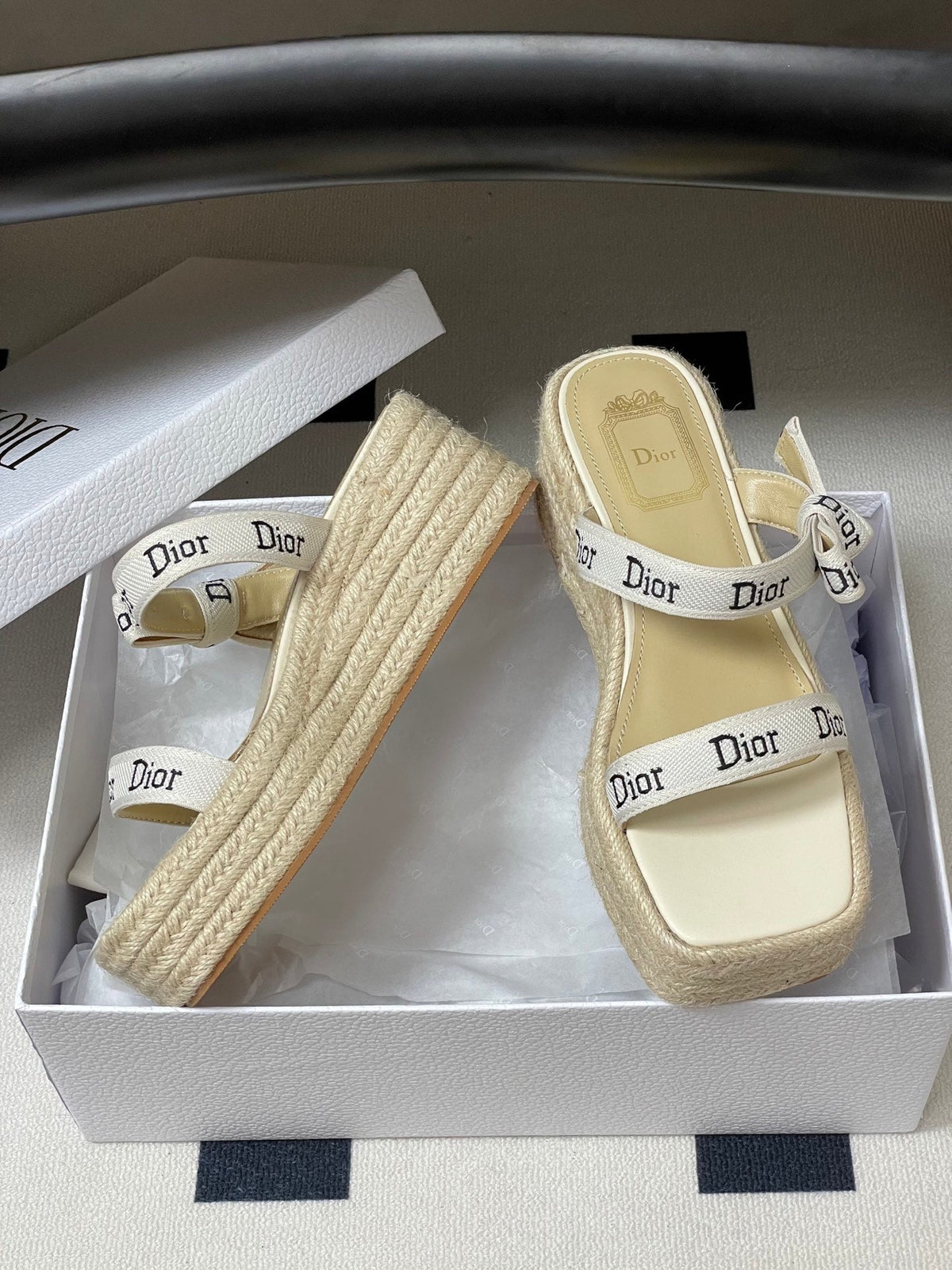 CD J'Adior Wedge Slide Straps Cream Beige Leather 834937