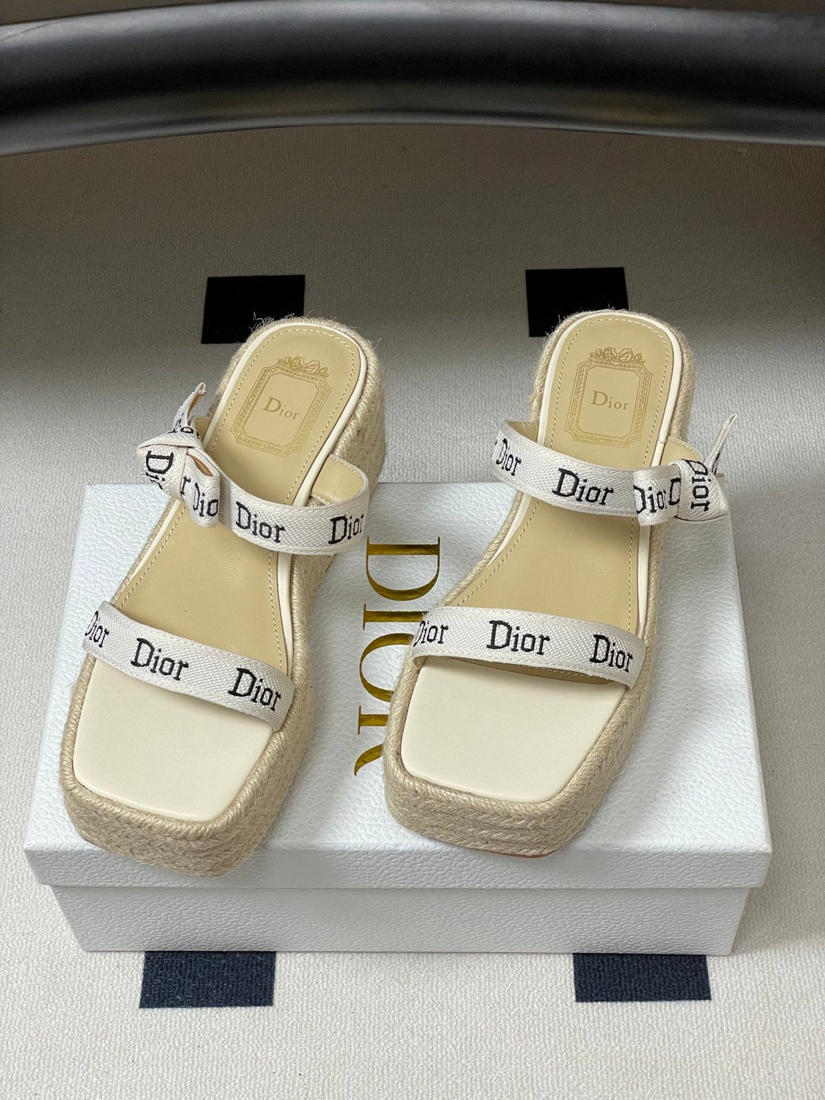 CD J'Adior Wedge Slide Straps Cream Beige Leather 834937