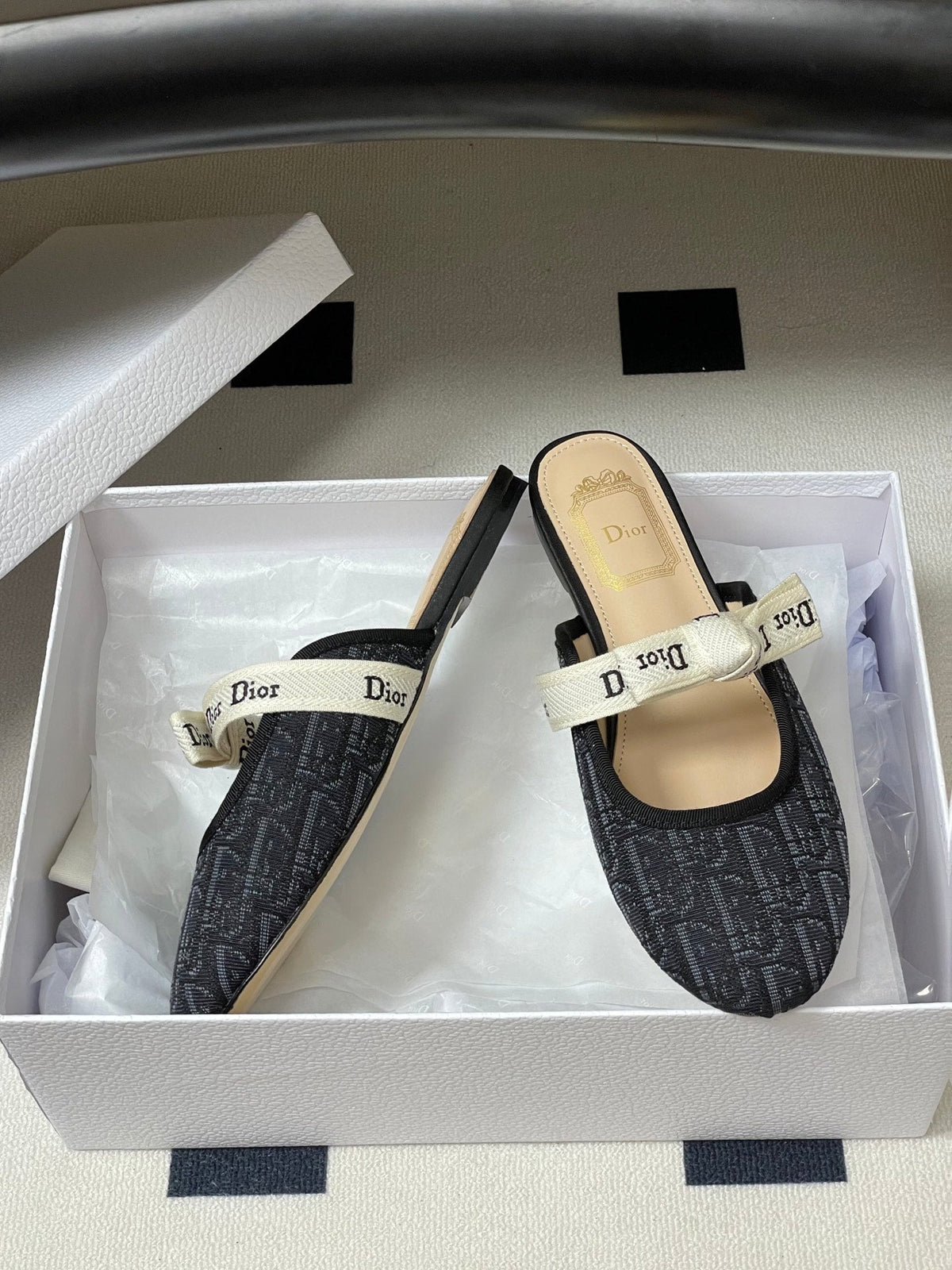 CD J'Adior Mules Navy Blue Beige Leather Cotton 834932