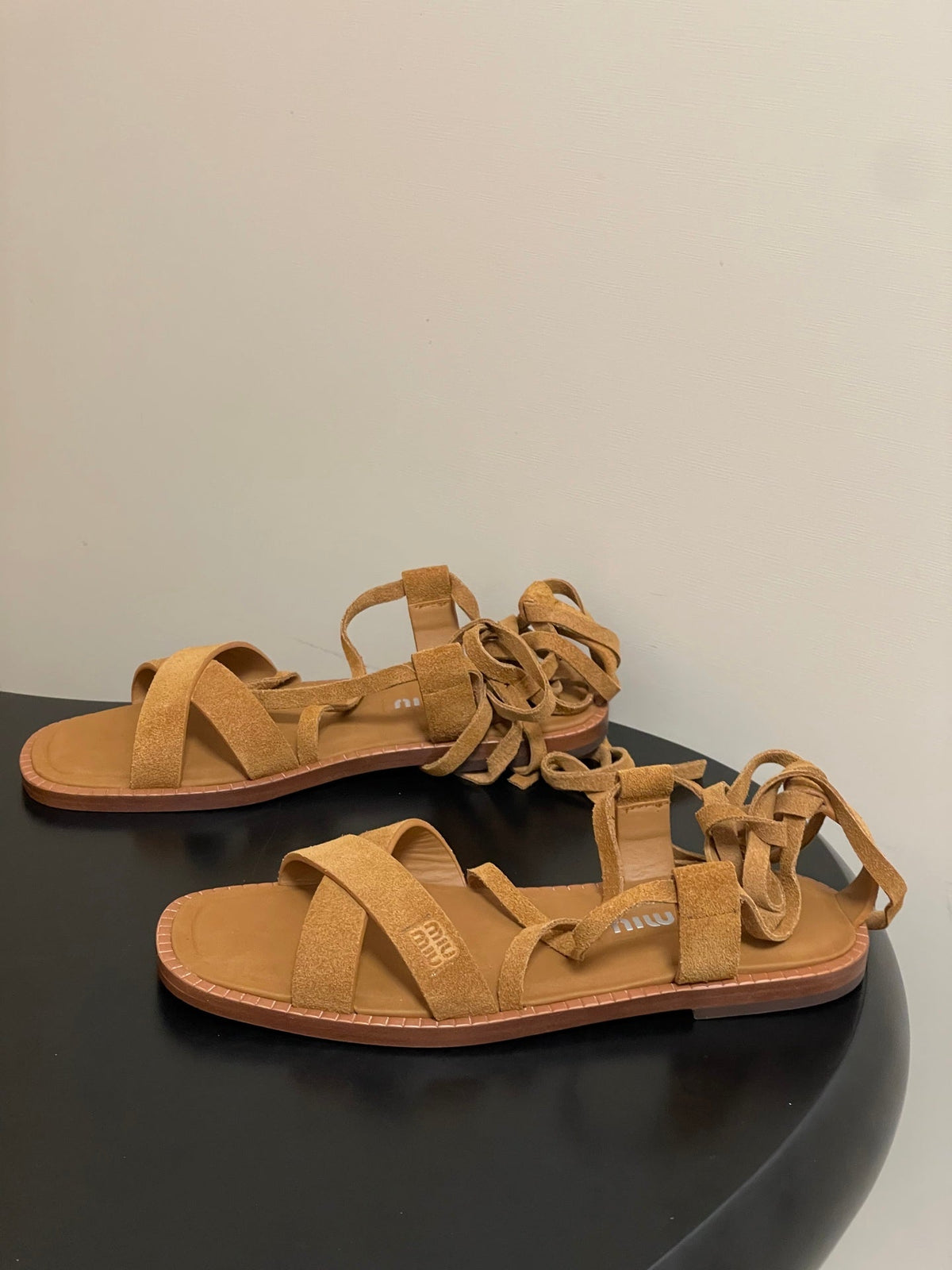 Miu Strappy Sandals Tan Brown Suede 834948